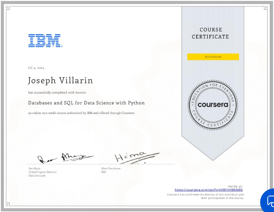 Databases and SQL for Data Science with Python certificate